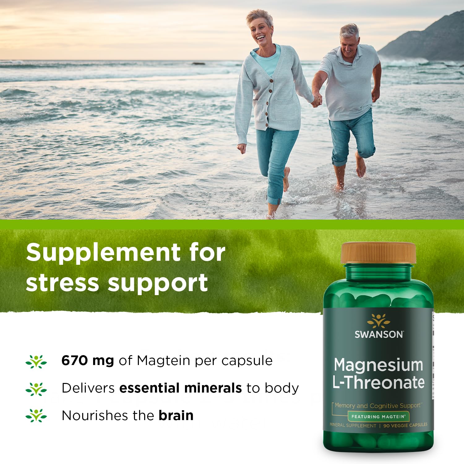 Etiqueta frontal de Swanson Magnesium L-Threonate con información de magnesio