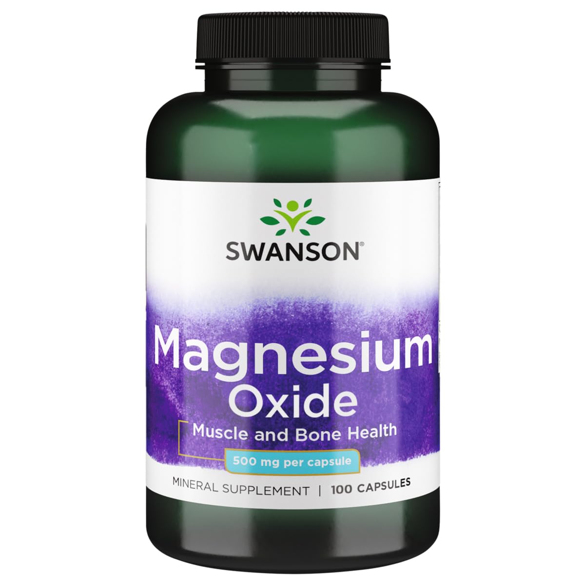 Swanson Magnesio Óxido 500 mg, cápsulas y caja, favorece la función muscular y la salud ósea.
