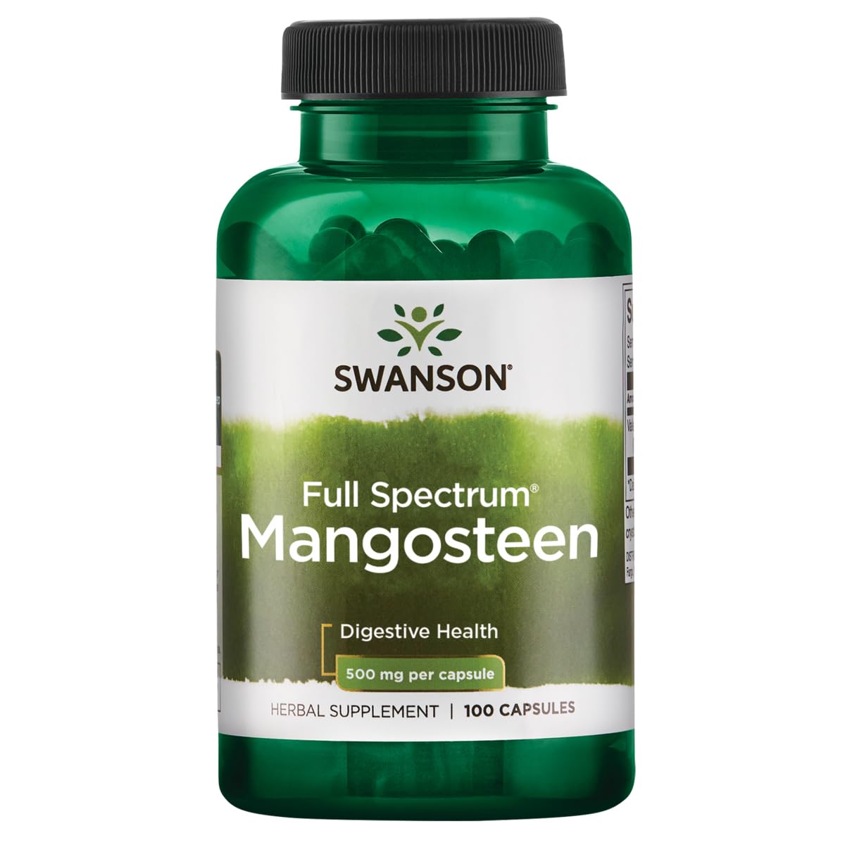 Swanson mangostán cápsulas 500 mg, frasco visto de frente, antioxidante para uso diario