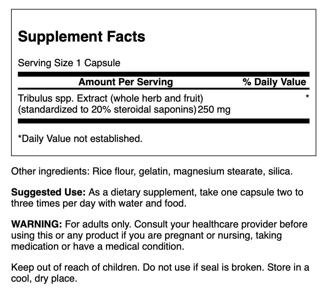 Swanson Mega Tribulus Extracto 250 mg, primer plano de la etiqueta, idea de calidad y pureza.