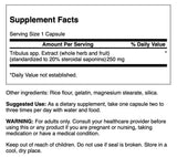 Swanson Mega Tribulus Extracto 250 mg, primer plano de la etiqueta, idea de calidad y pureza.