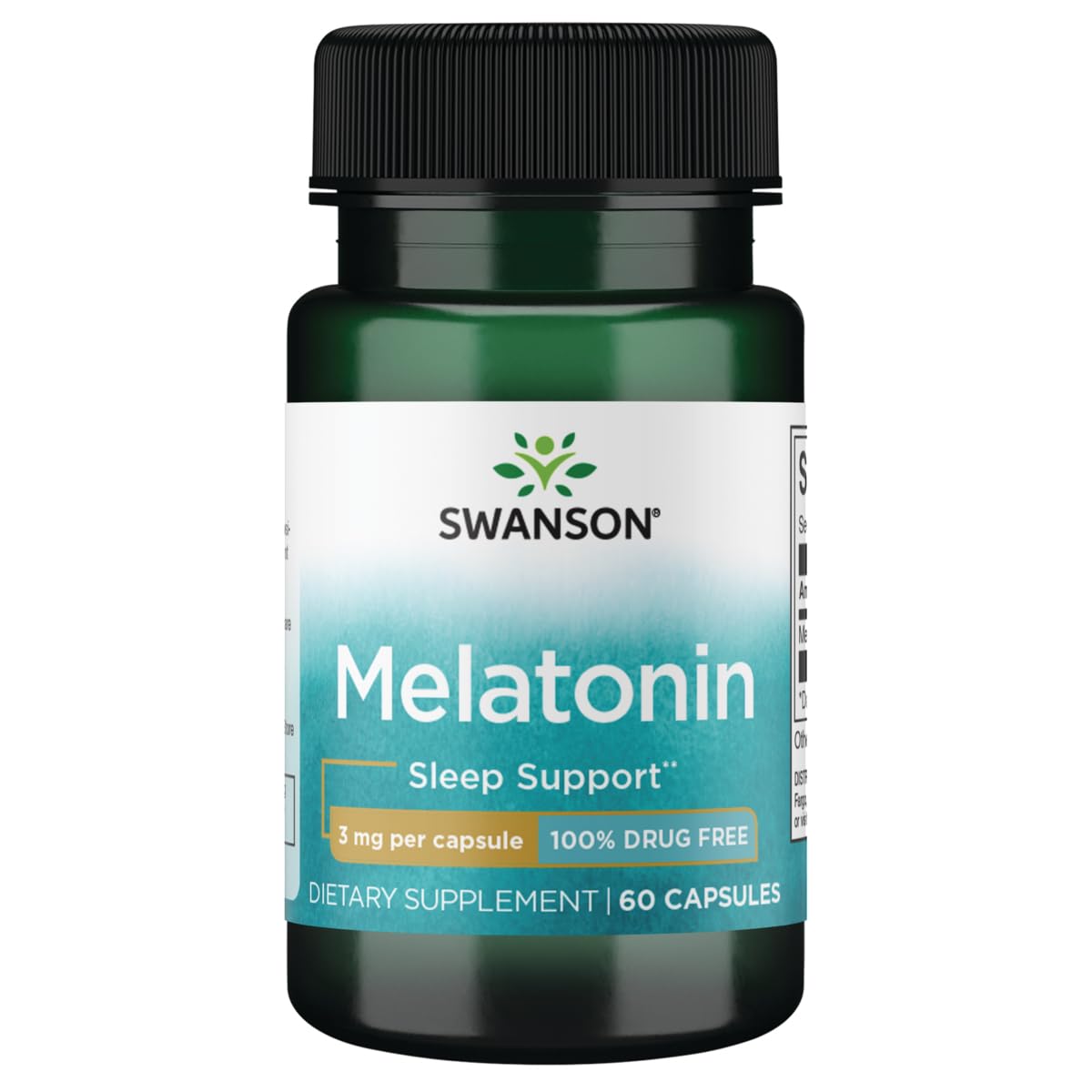 Swanson Melatonina 3 mg, botella de cápsulas para apoyar el sueño.