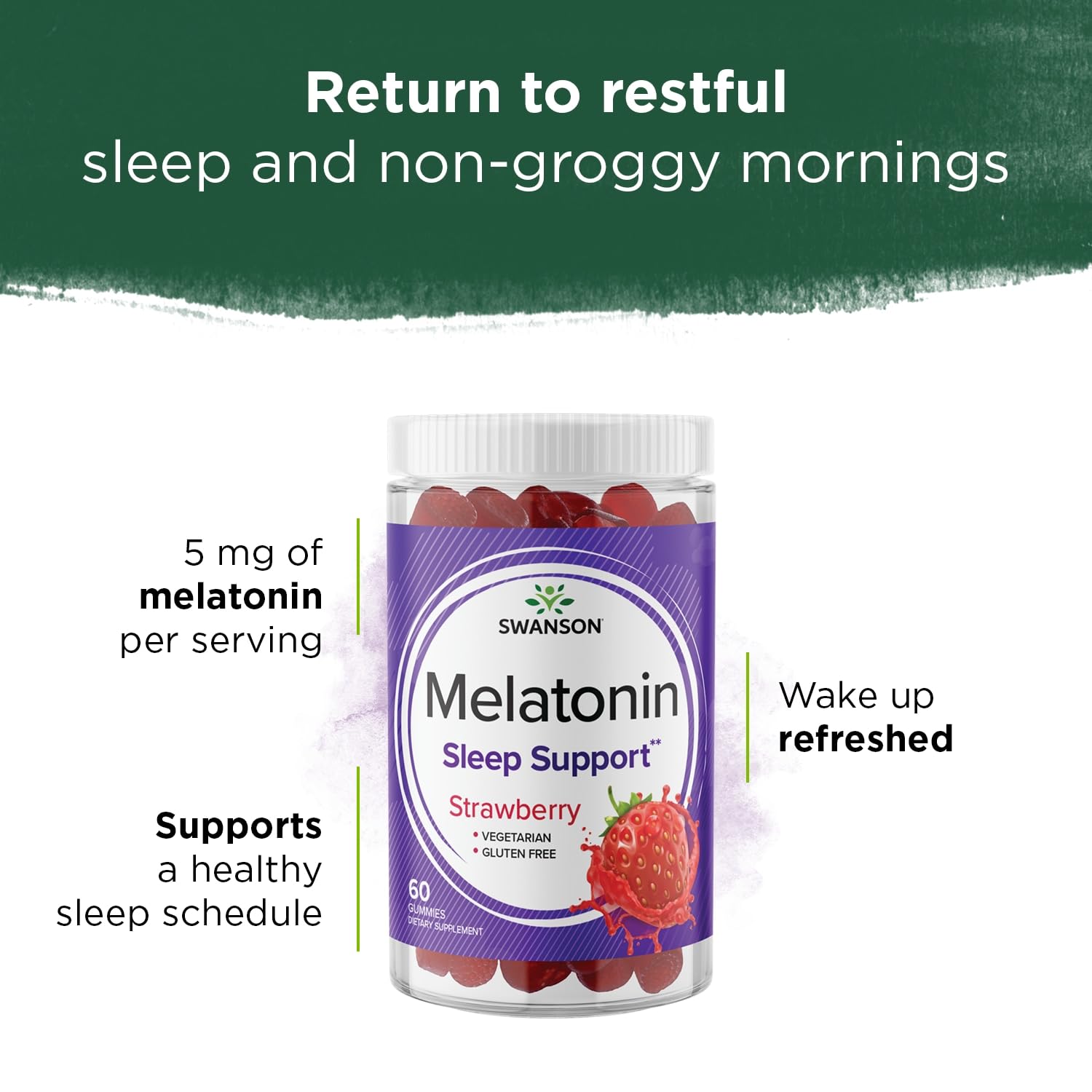 Swanson Melatonina gominolas fresa – etiqueta clara: consumo cómodo antes de dormir.