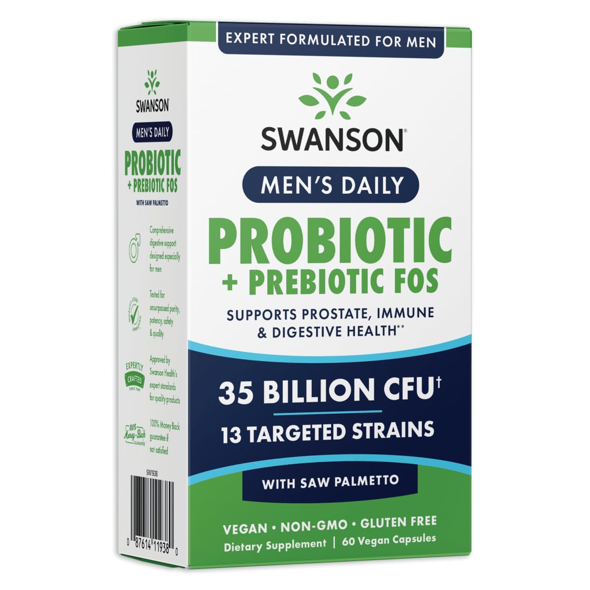 Producto Swanson para hombres: botella de cápsulas para posible apoyo al microbioma.