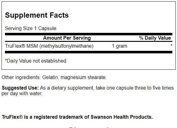 Swanson Ultra MSM 1000 mg, cápsulas, uso diario recomendado para bienestar general.