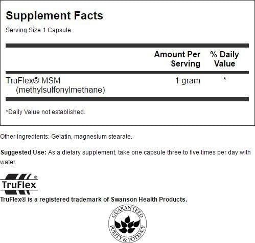 Etiqueta de la caja Swanson MSM 1000 mg para dosis diaria