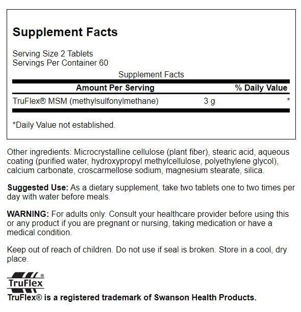 Swanson MSM 1500 mg, etiqueta de la botella, ideal para apoyar la movilidad diaria.