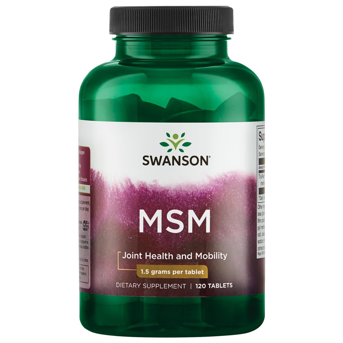 Swanson MSM 1500 mg, vista frontal de la botella, apoya la salud de articulaciones.