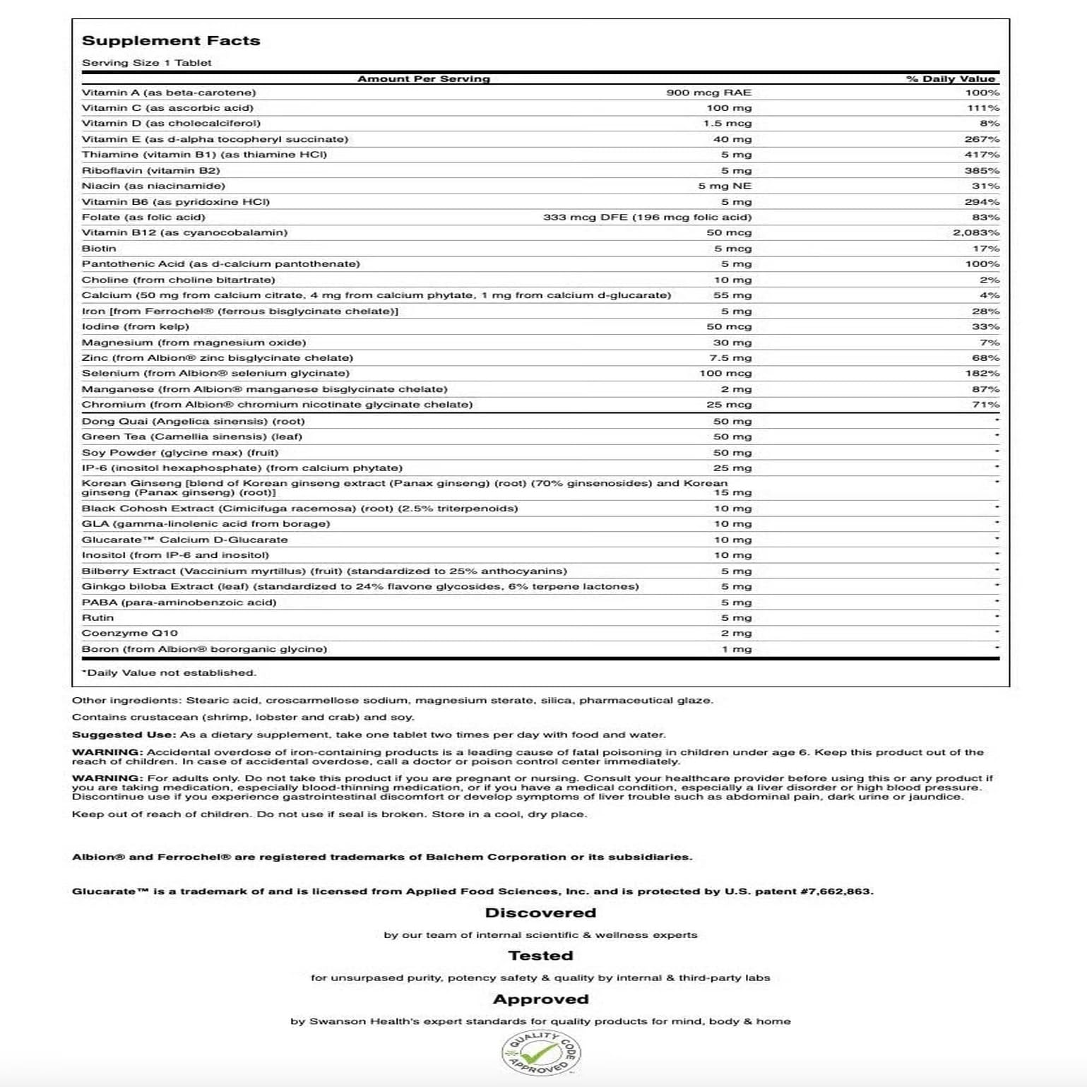 Swanson Multi Women's Prime etiqueta del producto con información nutricional clara