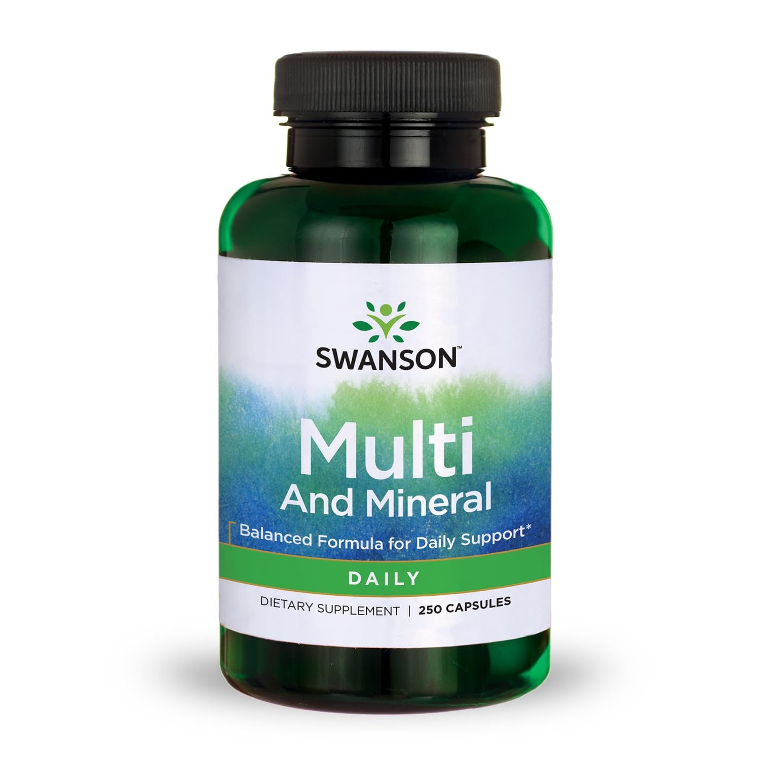 Swanson multivitaminas cápsulas diarias brindan nutrición esencial para el día.