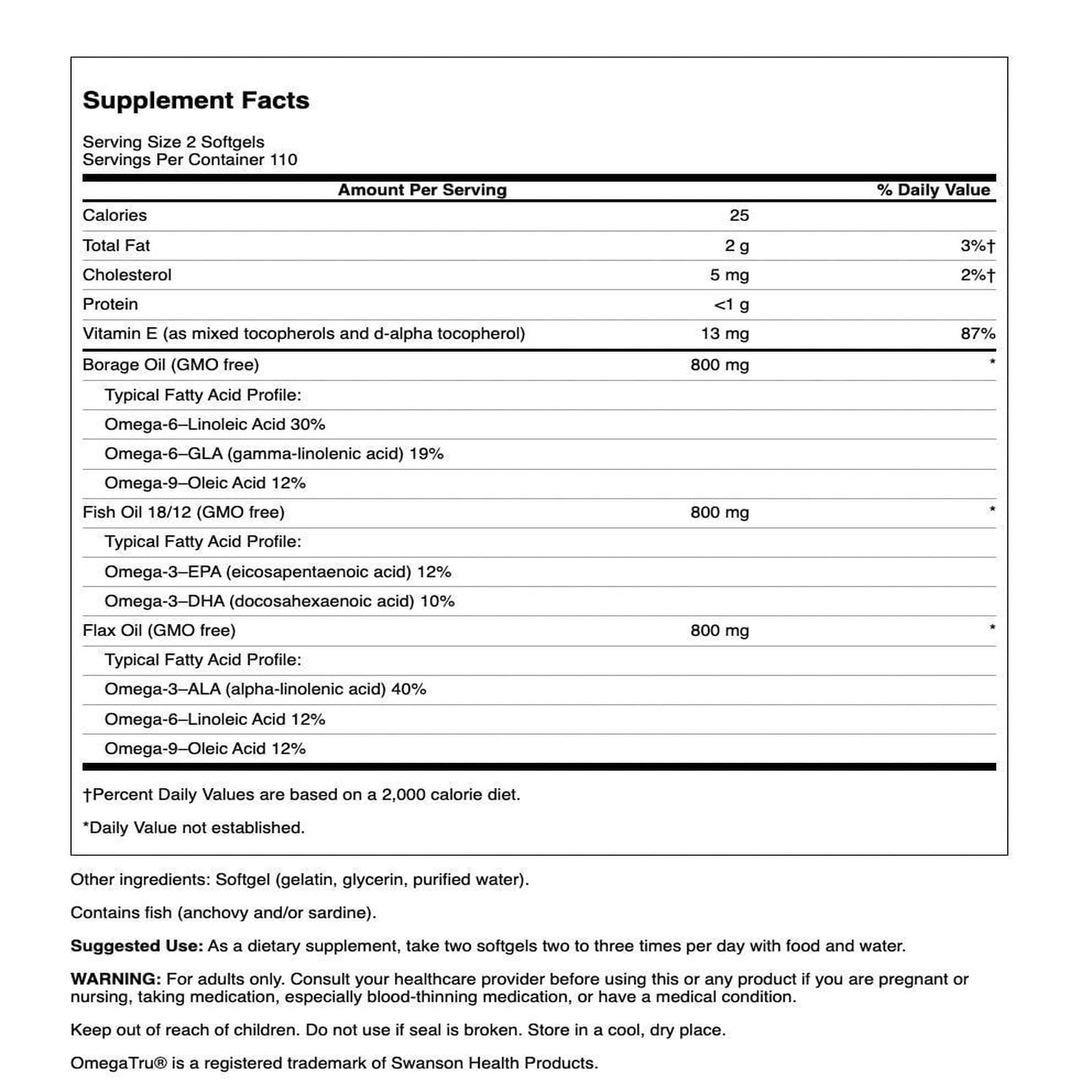 Swanson MultiOmega, etiqueta frontal, señalando ingredientes para consumo diario.