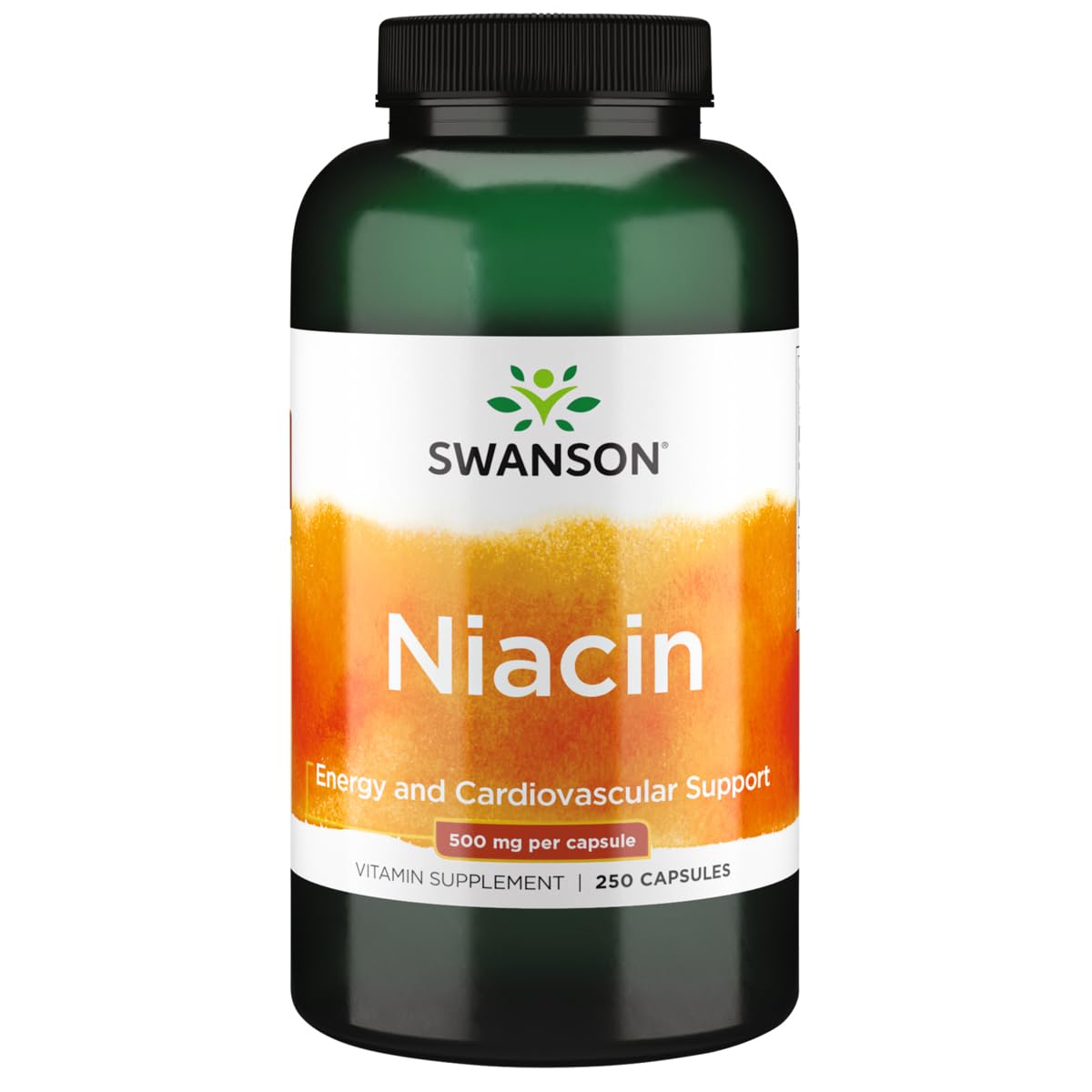 Swanson Niacin, botella de cápsulas, apoyo al metabolismo y energía diaria.