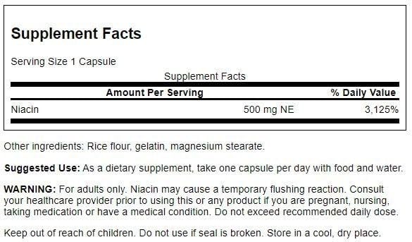 Swanson Niacin, etiqueta del producto, ingredientes de alta pureza para bienestar diario.