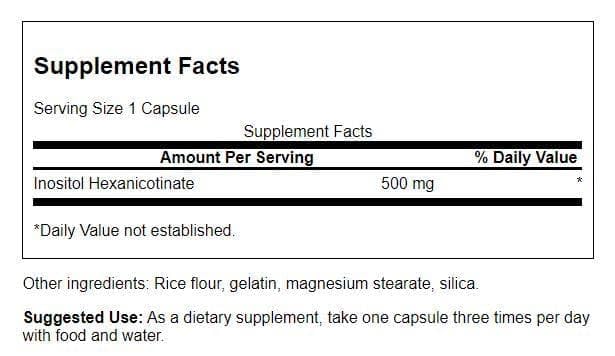Swanson Niacina 500 mg, cápsulas con etiqueta en botella.