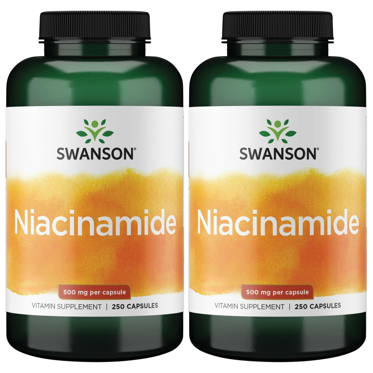 Swanson Niacinamida 500 mg: botella con cápsulas, apoyo potencial a la salud de la piel y energía diaria.