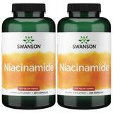 Swanson Niacinamida 500 mg: botella con cápsulas, apoyo potencial a la salud de la piel y energía diaria.
