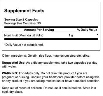Swanson Noni 500 mg, cápsulas mostradas, uso diario para bienestar y energía.