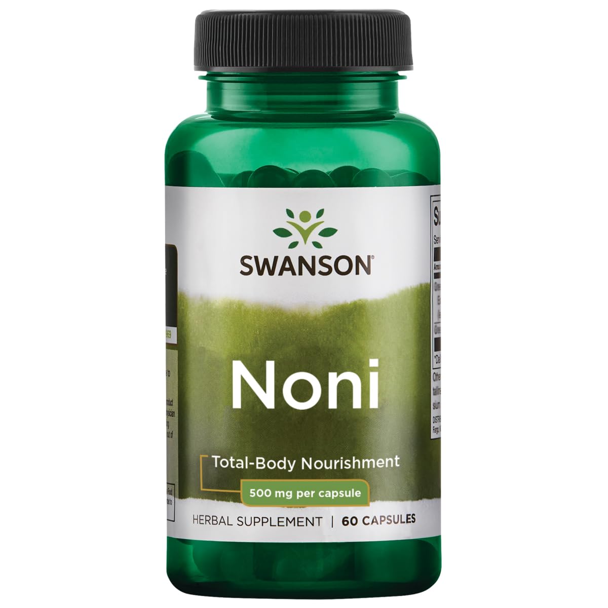Swanson Noni 500 mg, cápsulas en envase, apoyo al bienestar diario con ingredientes vegetales.