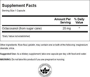 Swanson Octacosanol 20 mg, etiqueta del envase, posible apoyo al metabolismo del colesterol.