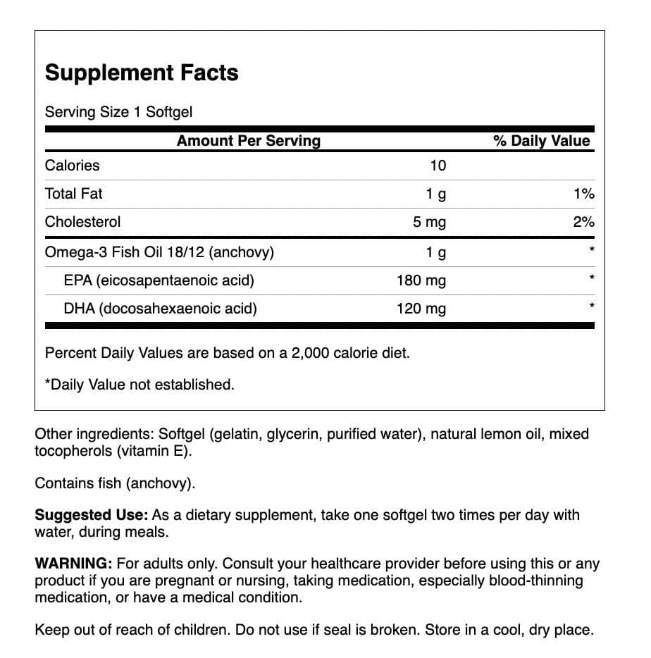 Swanson Omega-3: etiqueta limón en la botella, sabor agradable.