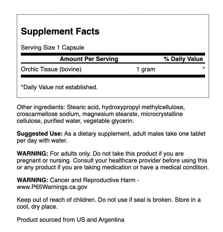 Swanson Orchic Glandular, etiqueta cercana, ingredientes de alta calidad