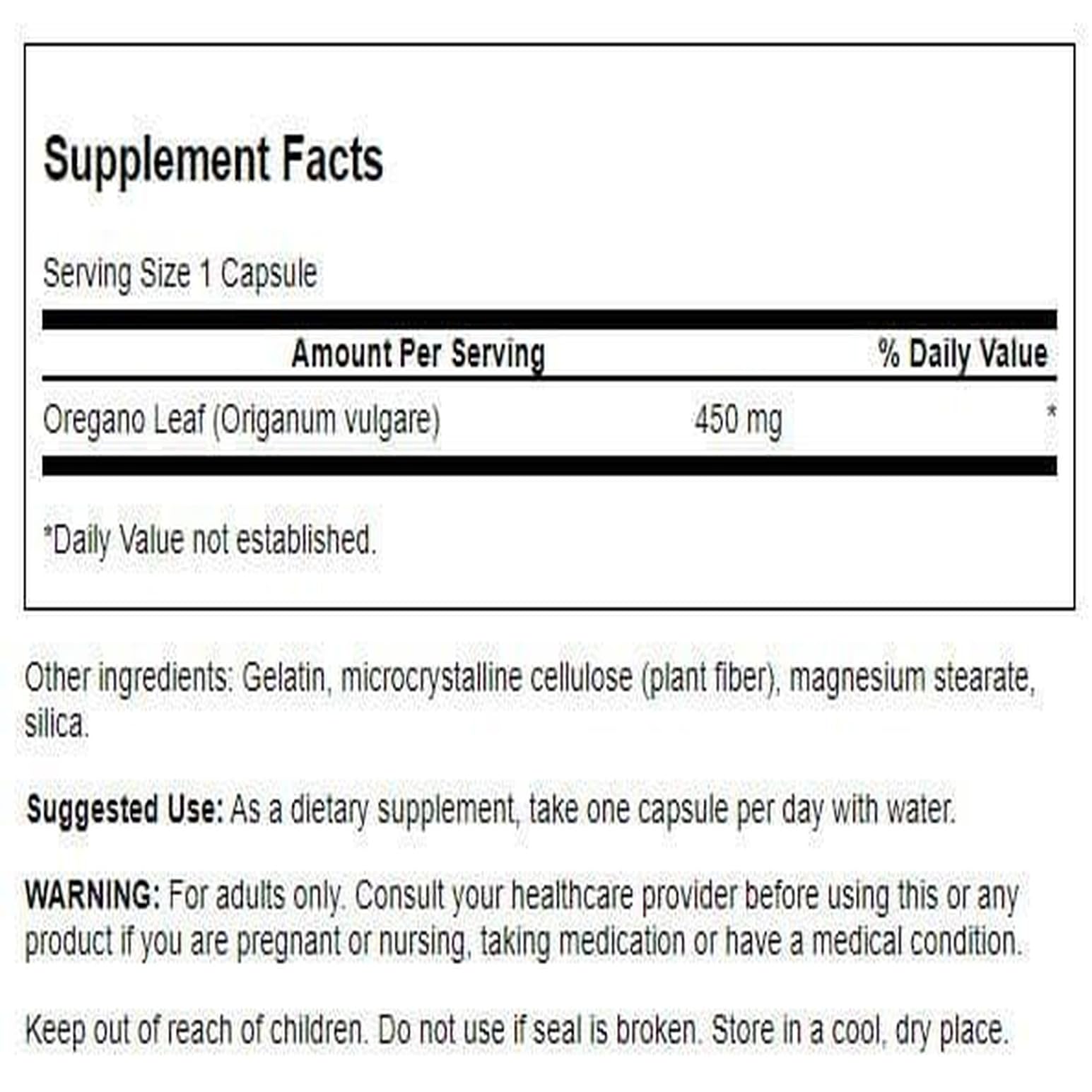 Swanson Orégano 450 mg cápsulas, primer plano mostrando cápsulas fáciles de tragar.
