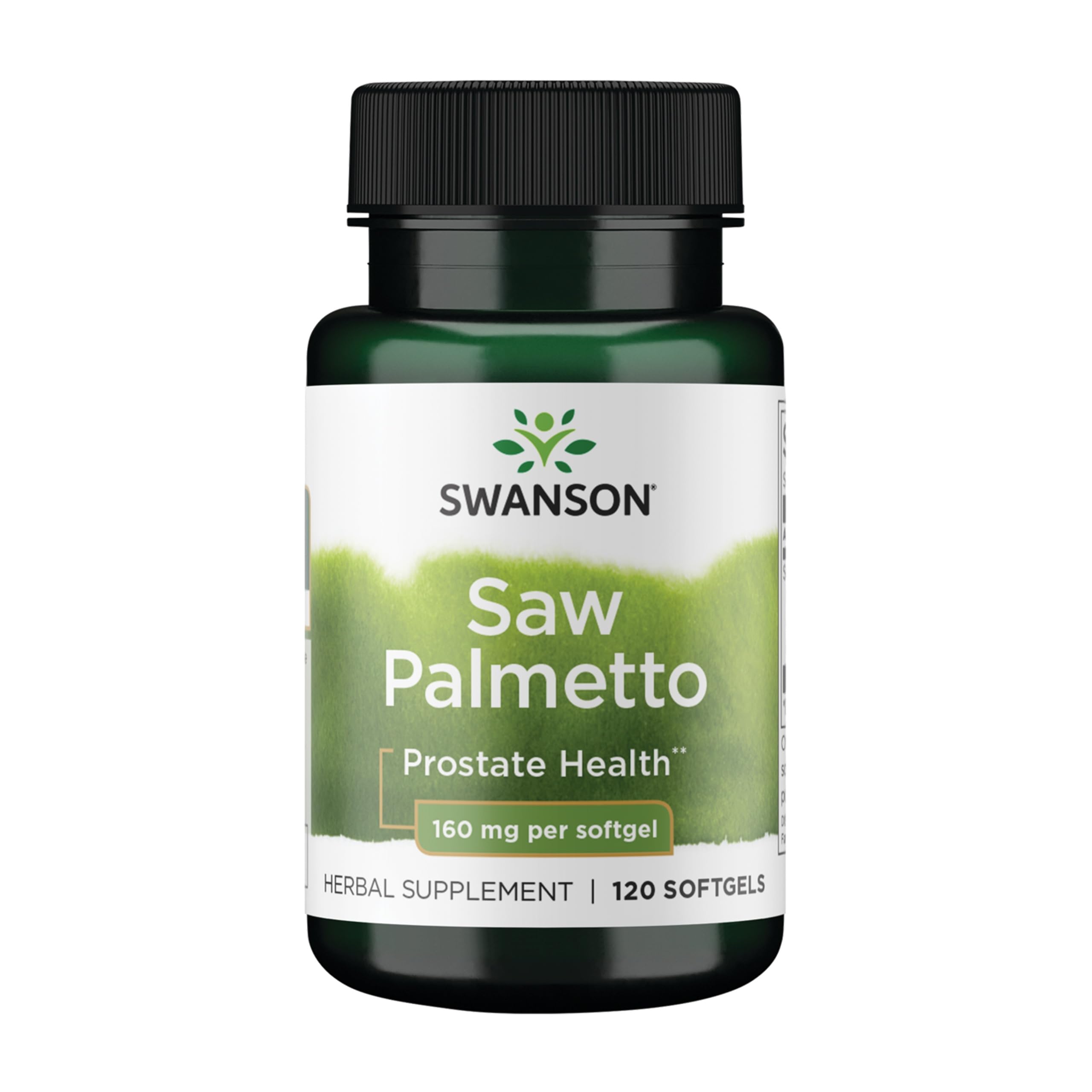 Swanson Palma Enana Americana, botella de cápsulas, apoyo a la salud prostática.