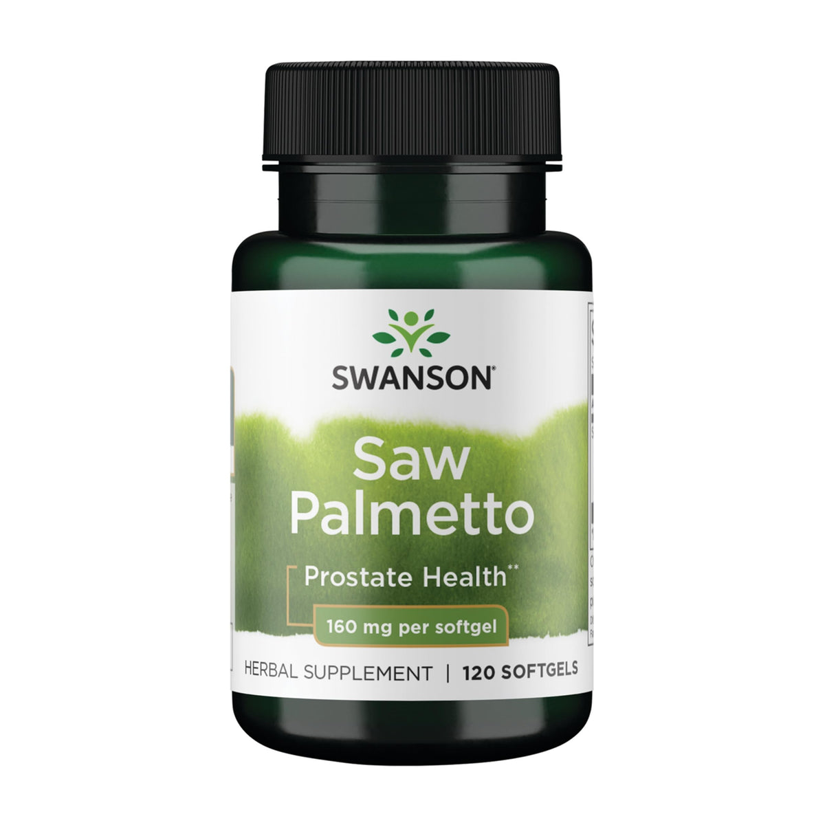 Swanson Palma Enana Americana, botella de cápsulas, apoyo a la salud prostática.