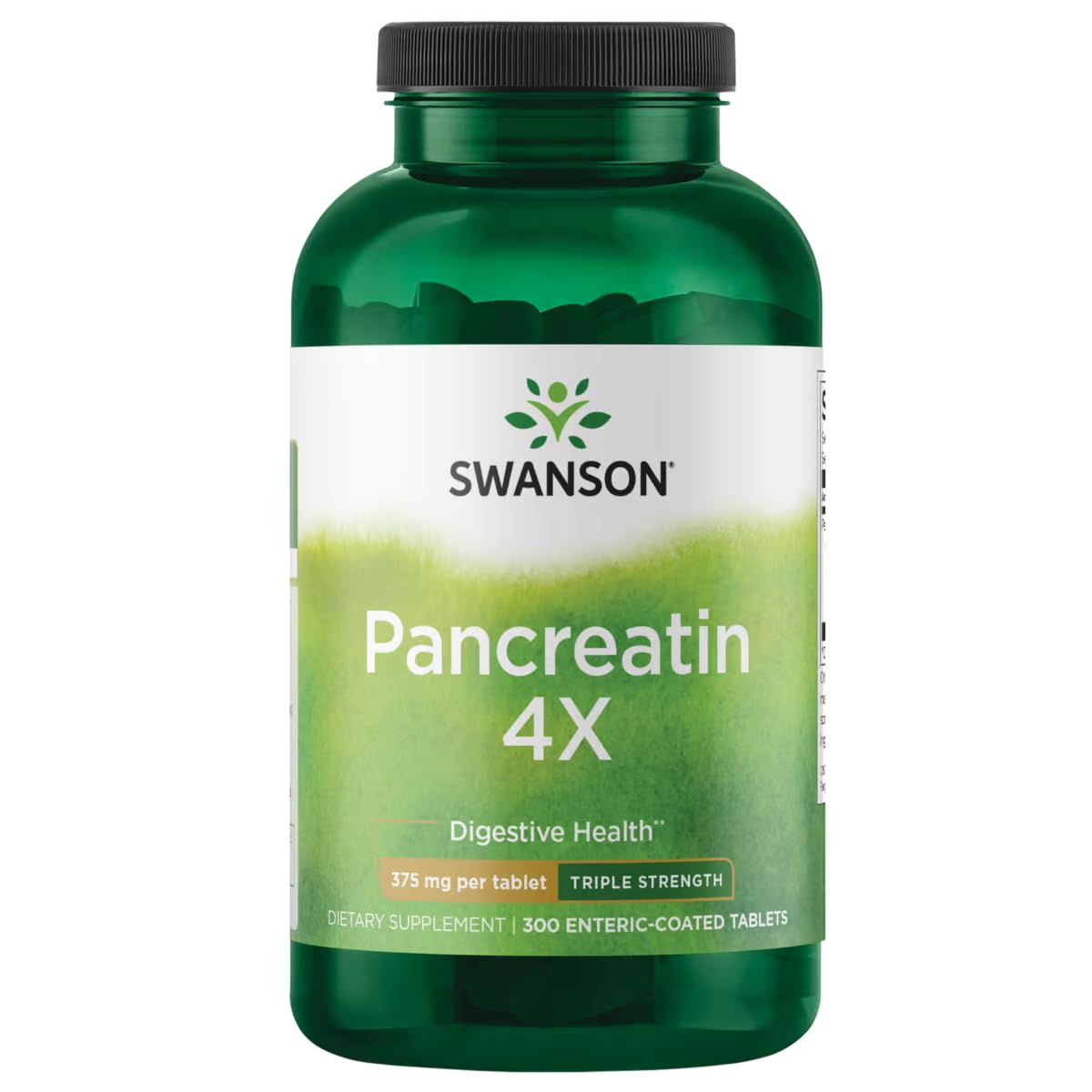 Swanson Pancreatina 4X, botella con tabletas, mejora la digestión y absorción de nutrientes.