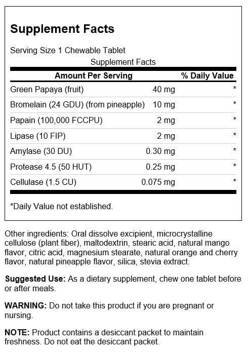 Swanson Papaya Plus: envase de 90 pastillas masticables, conveniencia diaria para la digestión.
