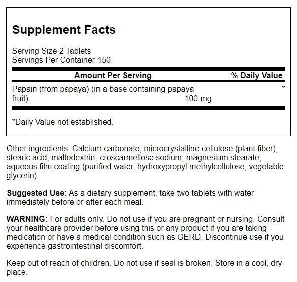 Etiqueta de Swanson Papaya Supreme revela fórmula vegetal para apoyo digestivo.