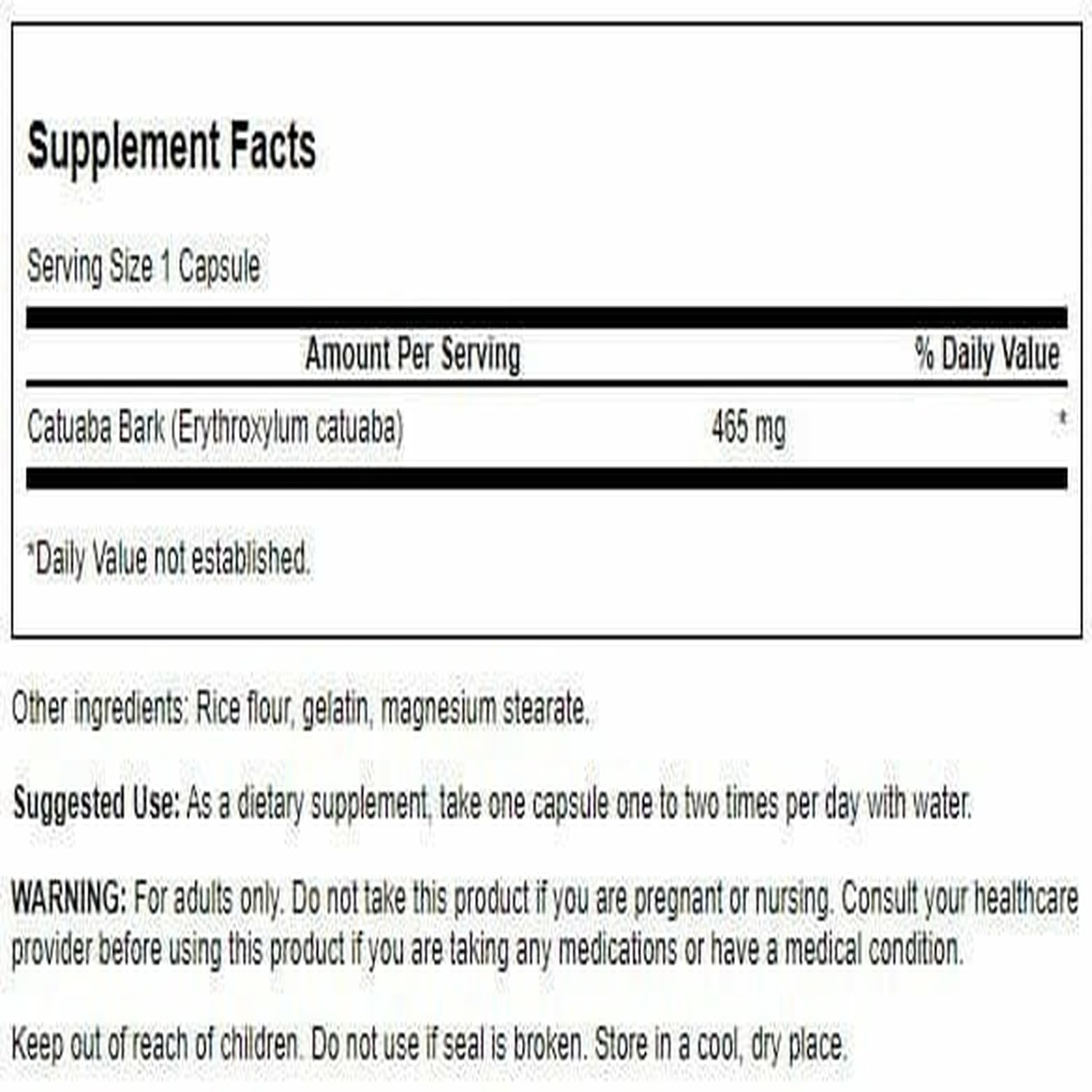 Capsulas Swanson Catuaba 465 mg, presentación de 120 cápsulas para uso diario