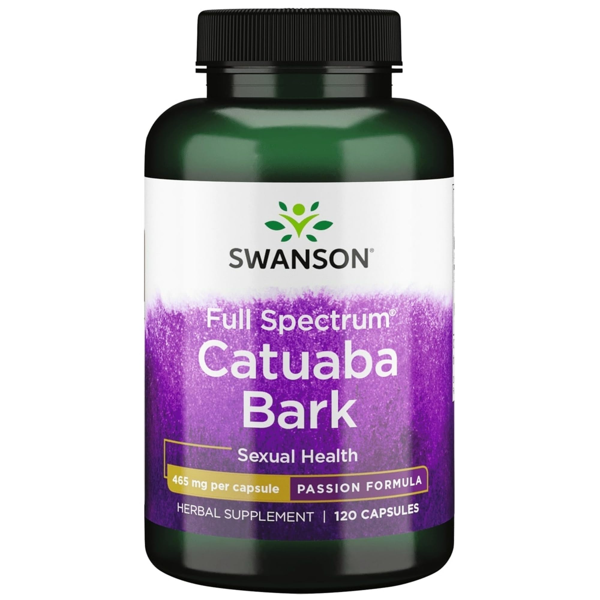 Swanson Passion Catuaba Corteza 465 mg, botella con cápsulas para energía sostenida