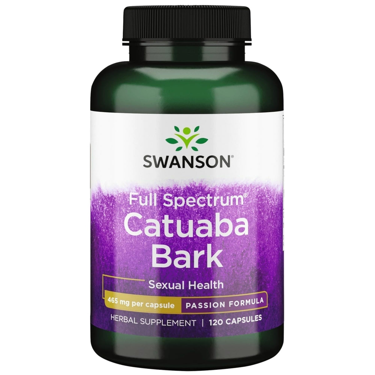 Swanson Passion Catuaba Corteza 465 mg, botella con cápsulas para energía sostenida