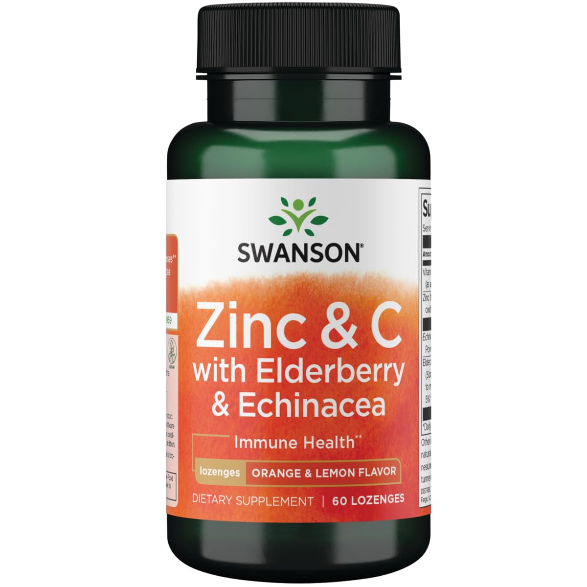 Swanson pastillas zinc-c con sauco y equinacea, botella visible, apoyo al bienestar inmunitario
