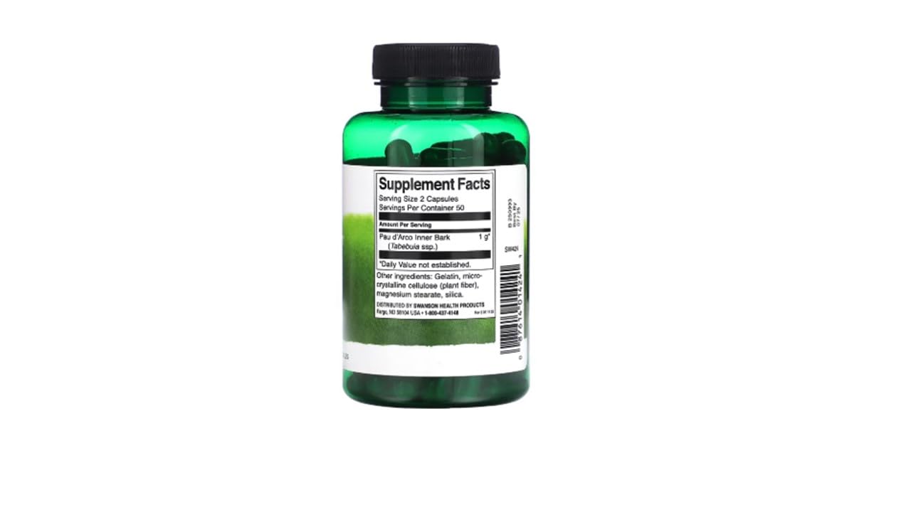 Swanson PAU d'Arco 500 mg en botella, fórmula de espectro completo para uso diario