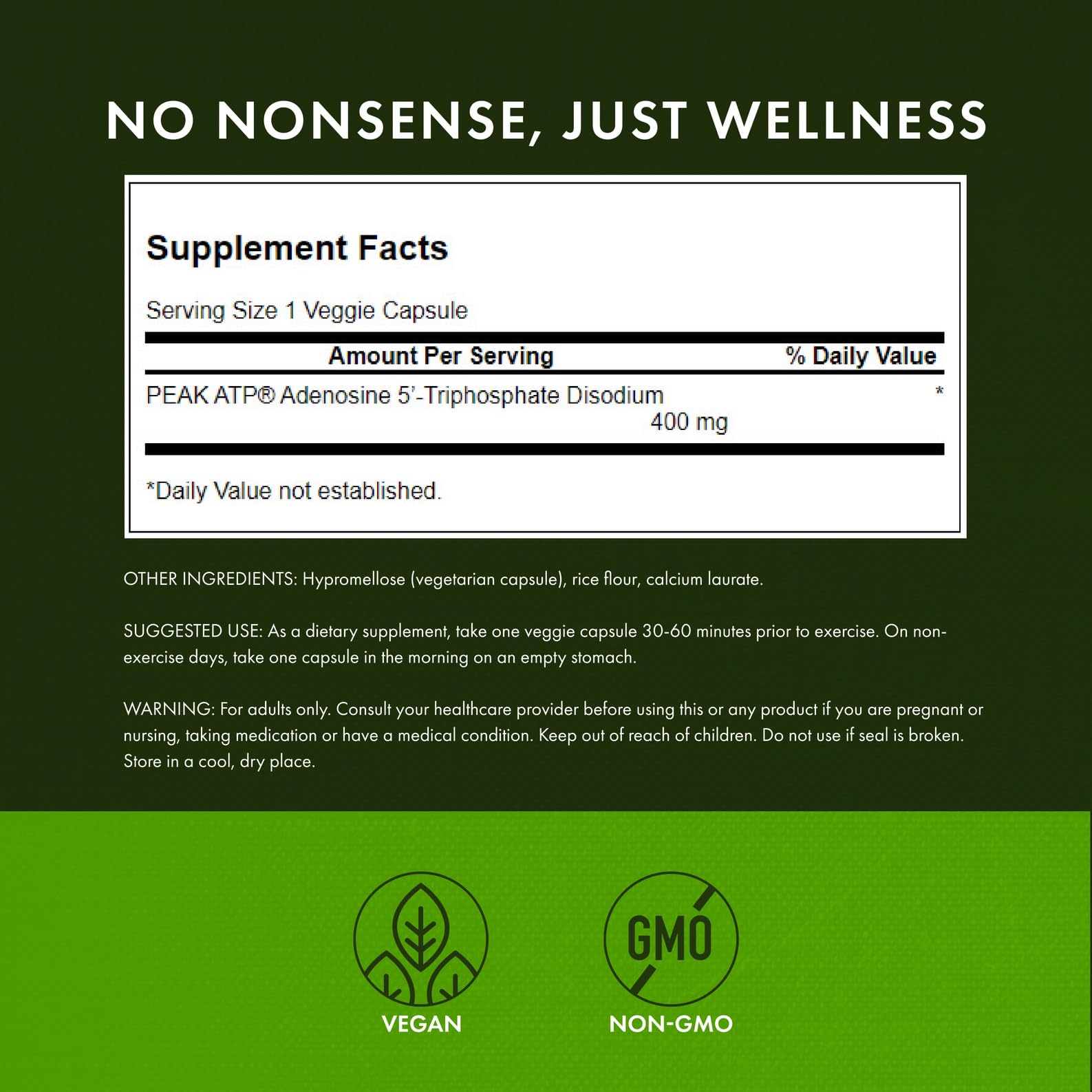 Swanson Peak ATP dosis de 400 mg para apoyo energético.