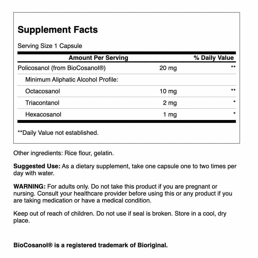 Swanson Policosanol cápsulas uso diario, conveniente para mantener hábitos saludables.