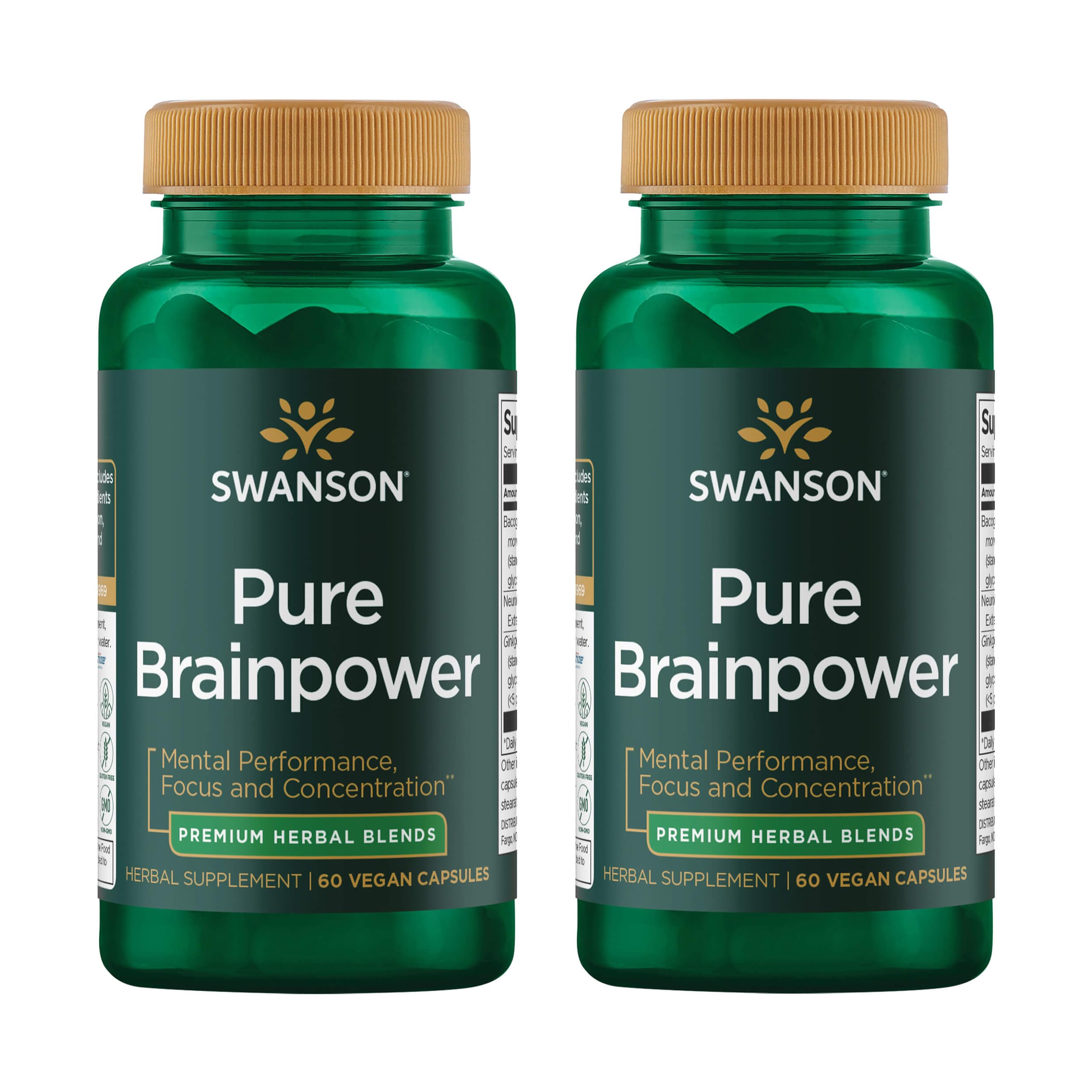 Swanson Pure Brainpower: botella con cápsulas veganas para enfoque y memoria