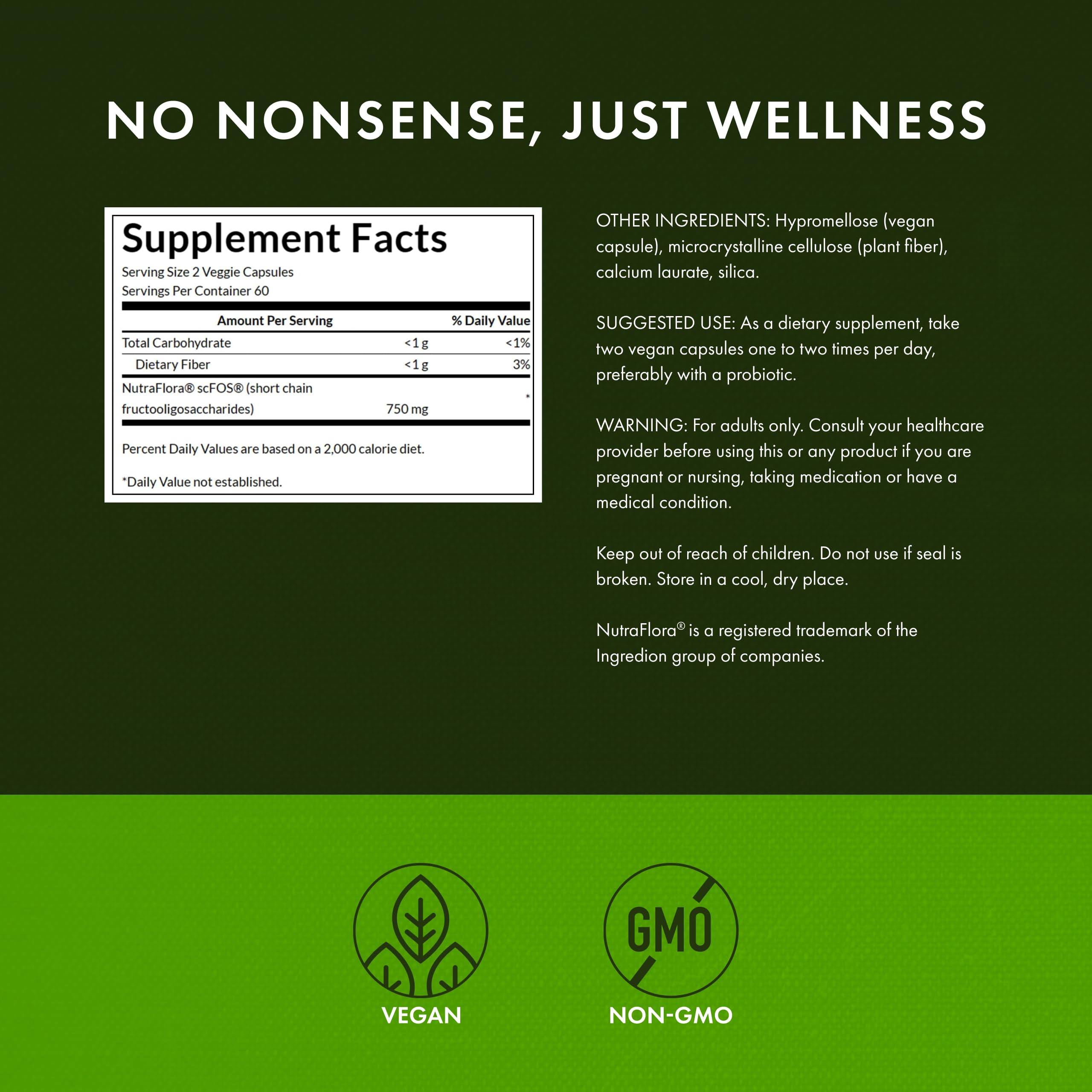 Swanson cápsulas prebióticas NutraFlora, primer plano, foco en cápsulas veganas para salud digestiva.