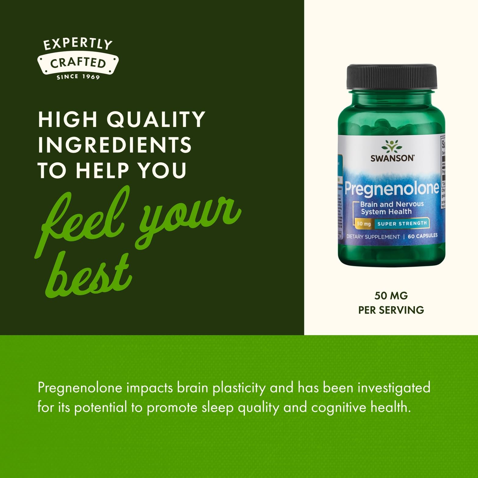 Swanson Pregnenolona 50 mg, embalaje compacto para almacenamiento práctico