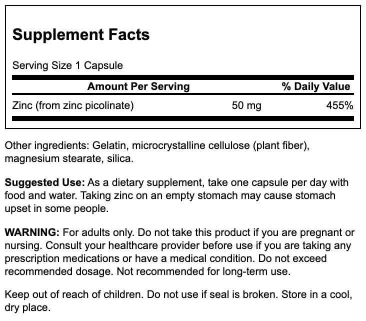 Swanson Premium Brand Zinc Picolinate, etiqueta, destaca la absorción.