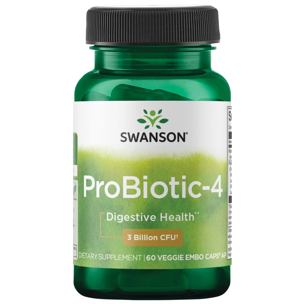 Swanson Probiotic-4 cápsulas vegetarianas, 3 mil millones CFU, posible apoyo a la regularidad intestinal.
