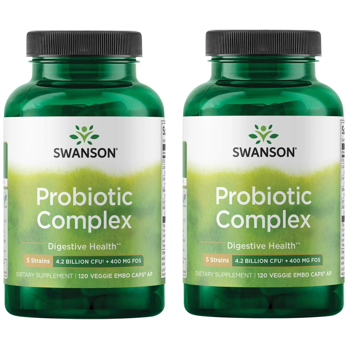 Swanson Probiotic Complex botella en estante para apoyo digestivo diario.