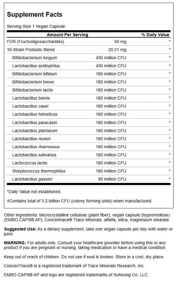 Probiótico con prebiótico FOS para microbiota equilibrada.
