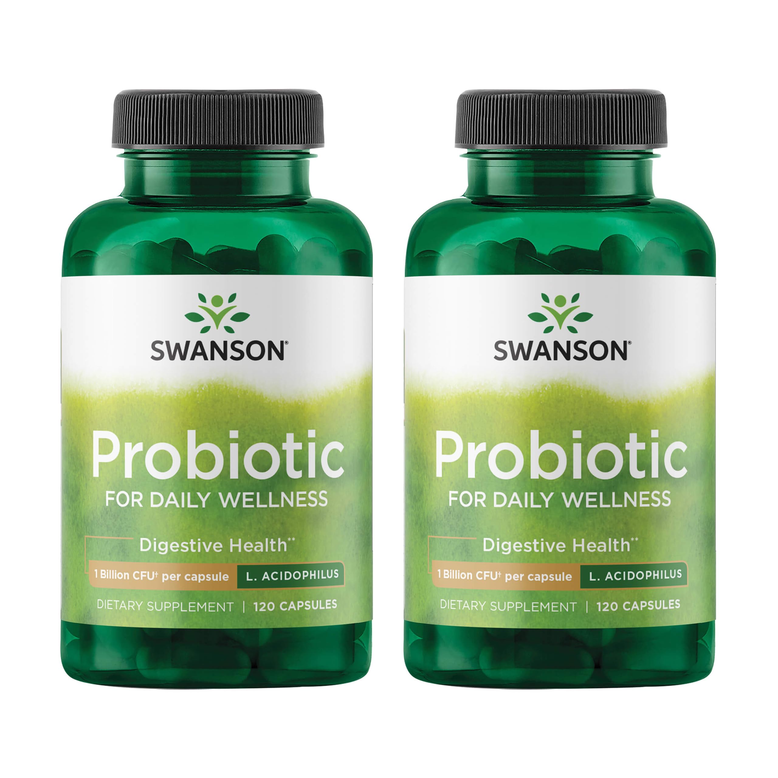 Swanson Probiótico, botella, apoyo a la salud digestiva y bienestar diario.