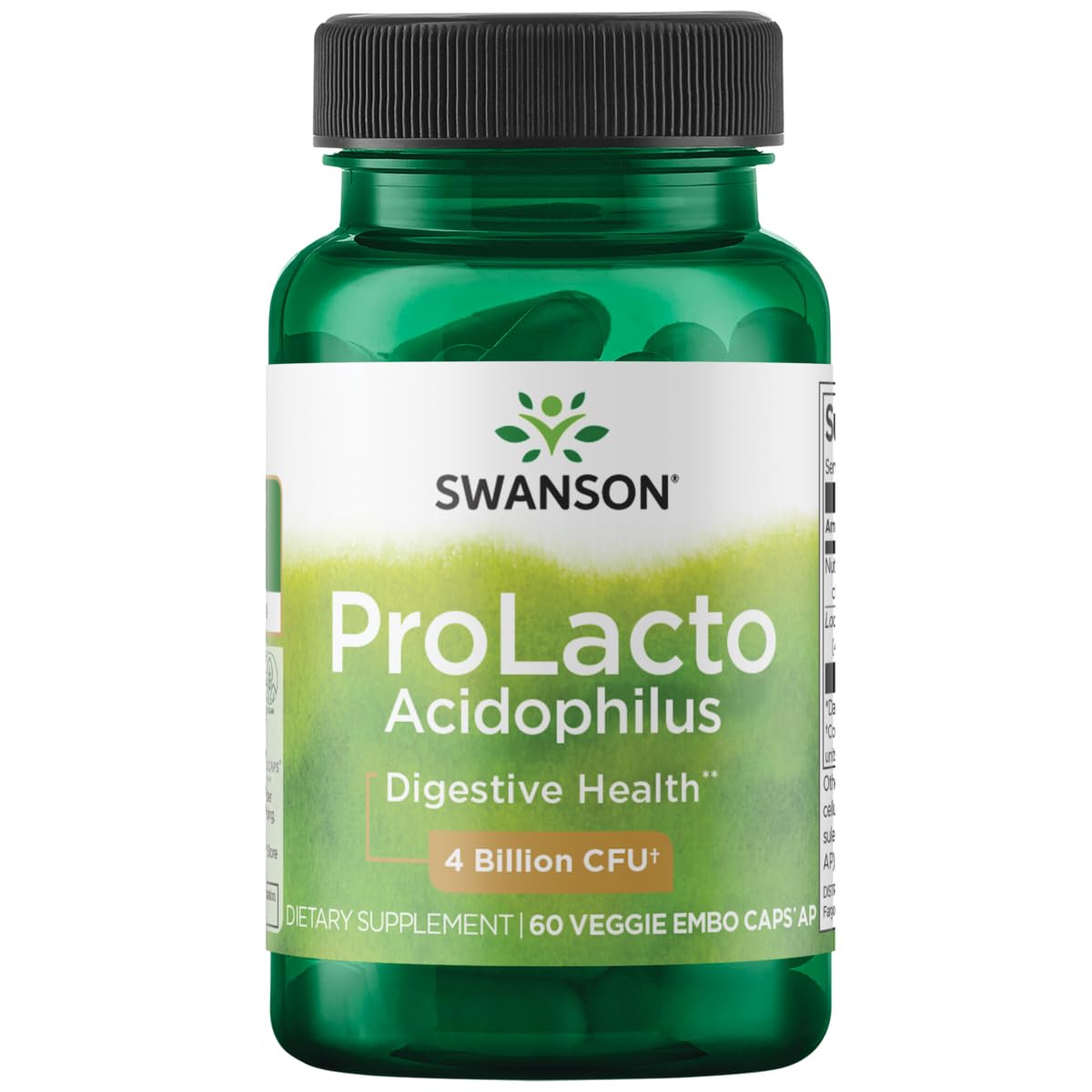 Swanson Prolacto Acidophilus en bote de 60 cápsulas vegetales, apoyo al equilibrio intestinal.