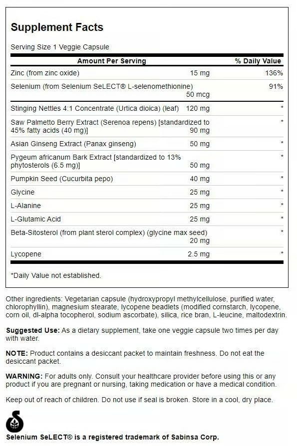 Swanson Prostate Essentials Plus: etiqueta con ingredientes clave para la salud urinaria