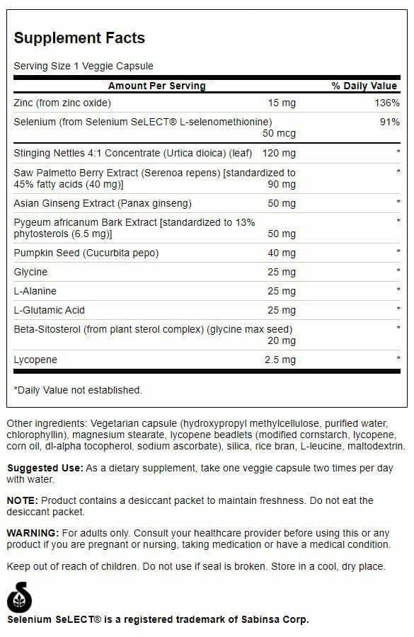 Etiqueta Swanson Prostate Essentials Plus mostrando soporte urinario.