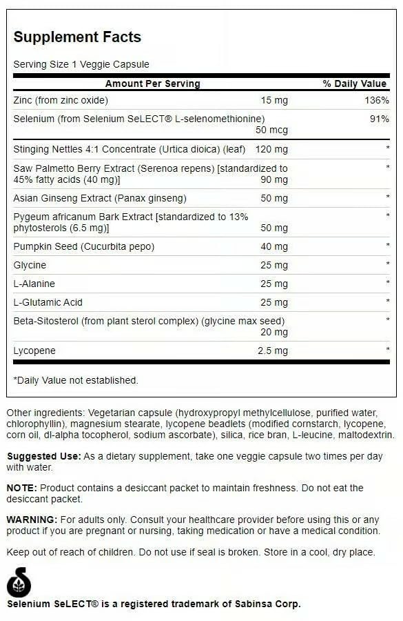 Swanson Prostate Essentials Plus: ingredientes clave como zinc y semillas de calabaza.